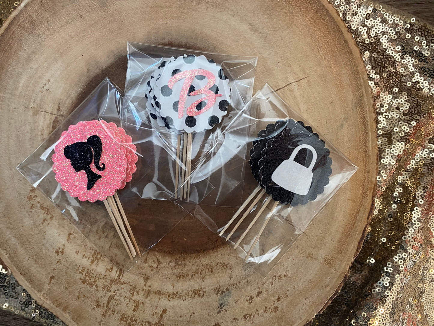 Silhouette Cupcake Toppers (Qty. 6)| Initial Cupcake Toppers| Polka Dot Toppers| Glitter Cupcake Toppers| Girl Birthday Toppers