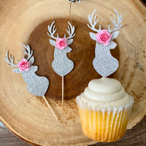 DEER CUPCAKE TOPPERS WITH FLOWERS
