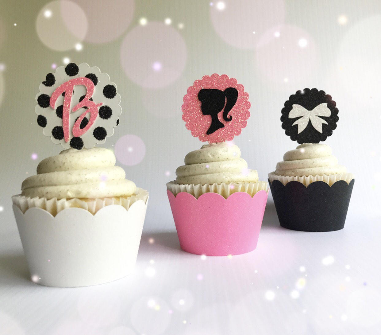 Silhouette Cupcake Toppers (Qty. 6)| Initial Cupcake Toppers| Polka Dot Toppers| Glitter Cupcake Toppers| Girl Birthday Toppers