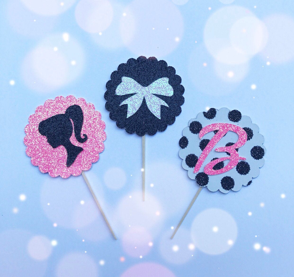 Silhouette Cupcake Toppers (Qty. 6)| Initial Cupcake Toppers| Polka Dot Toppers| Glitter Cupcake Toppers| Girl Birthday Toppers