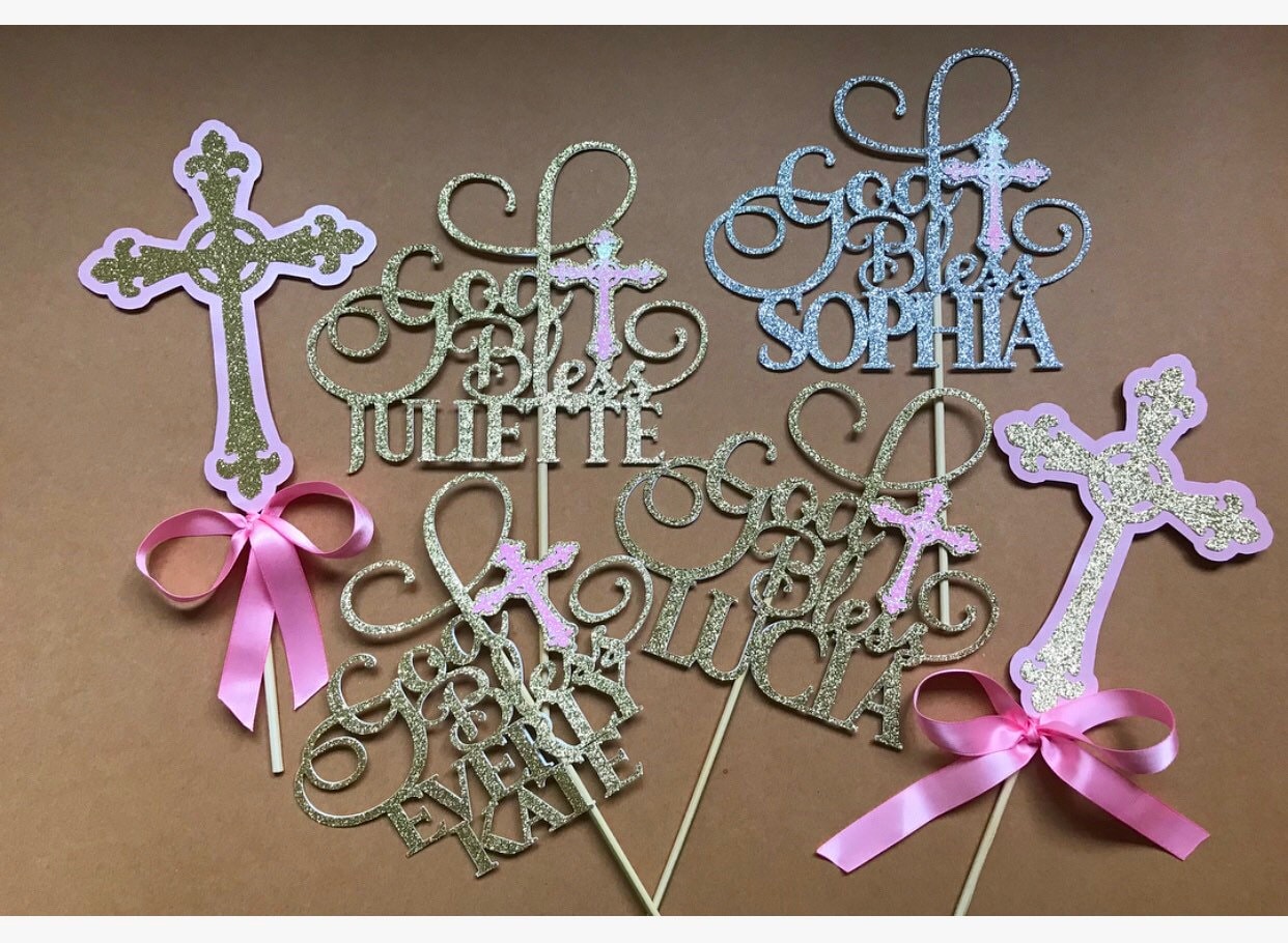 Baptism Decorations for Boys or Girls| God Bless Cake Topper| Communion Toppers| Confirmation Toppers| Confirmation Centerpieces