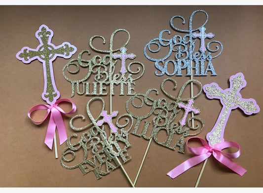 Baptism Decorations for Boys or Girls| God Bless Cake Topper| Communion Toppers| Confirmation Toppers| Confirmation Centerpieces