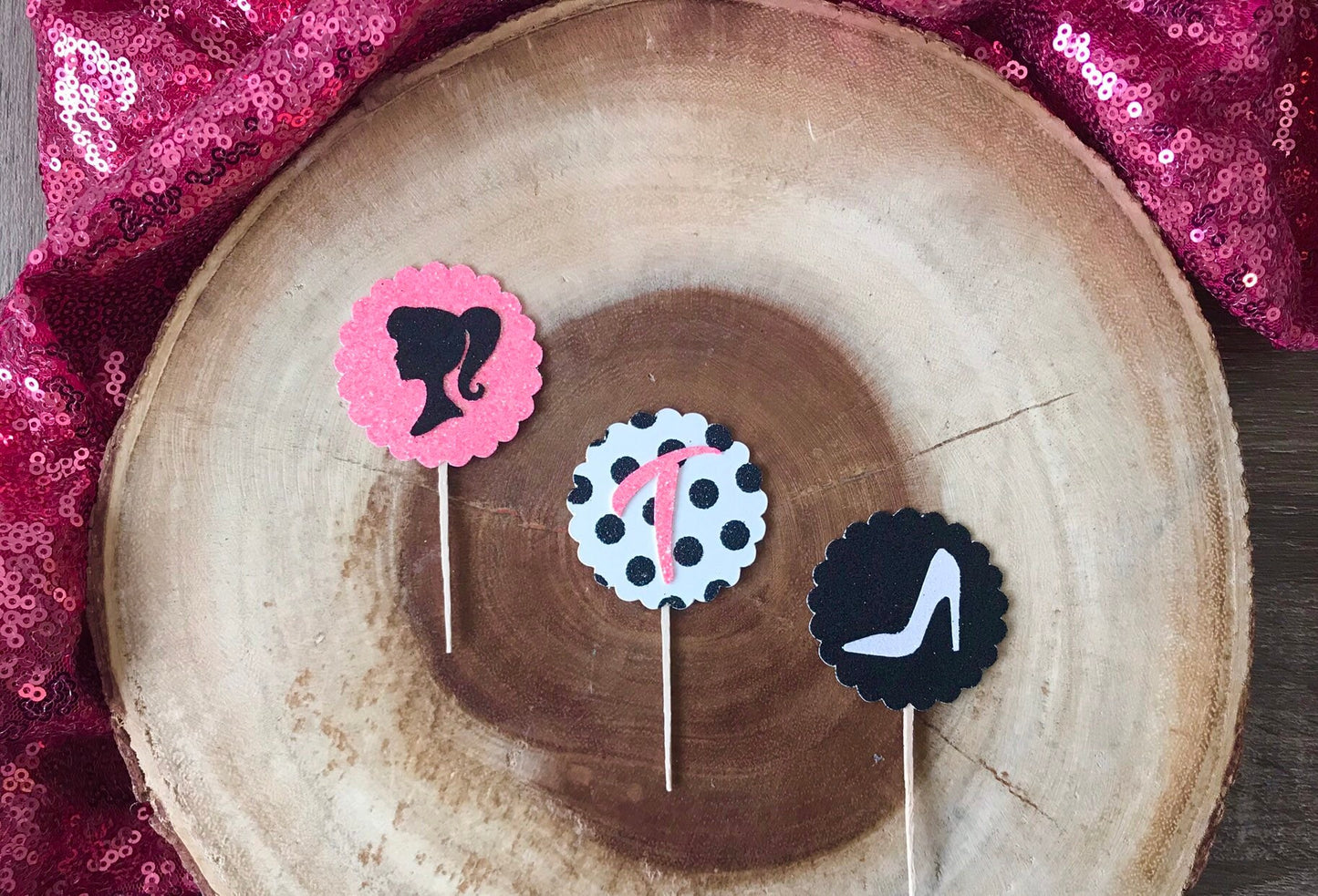 Silhouette Cupcake Toppers (Qty. 6)| Initial Cupcake Toppers| Polka Dot Toppers| Glitter Cupcake Toppers| Girl Birthday Toppers