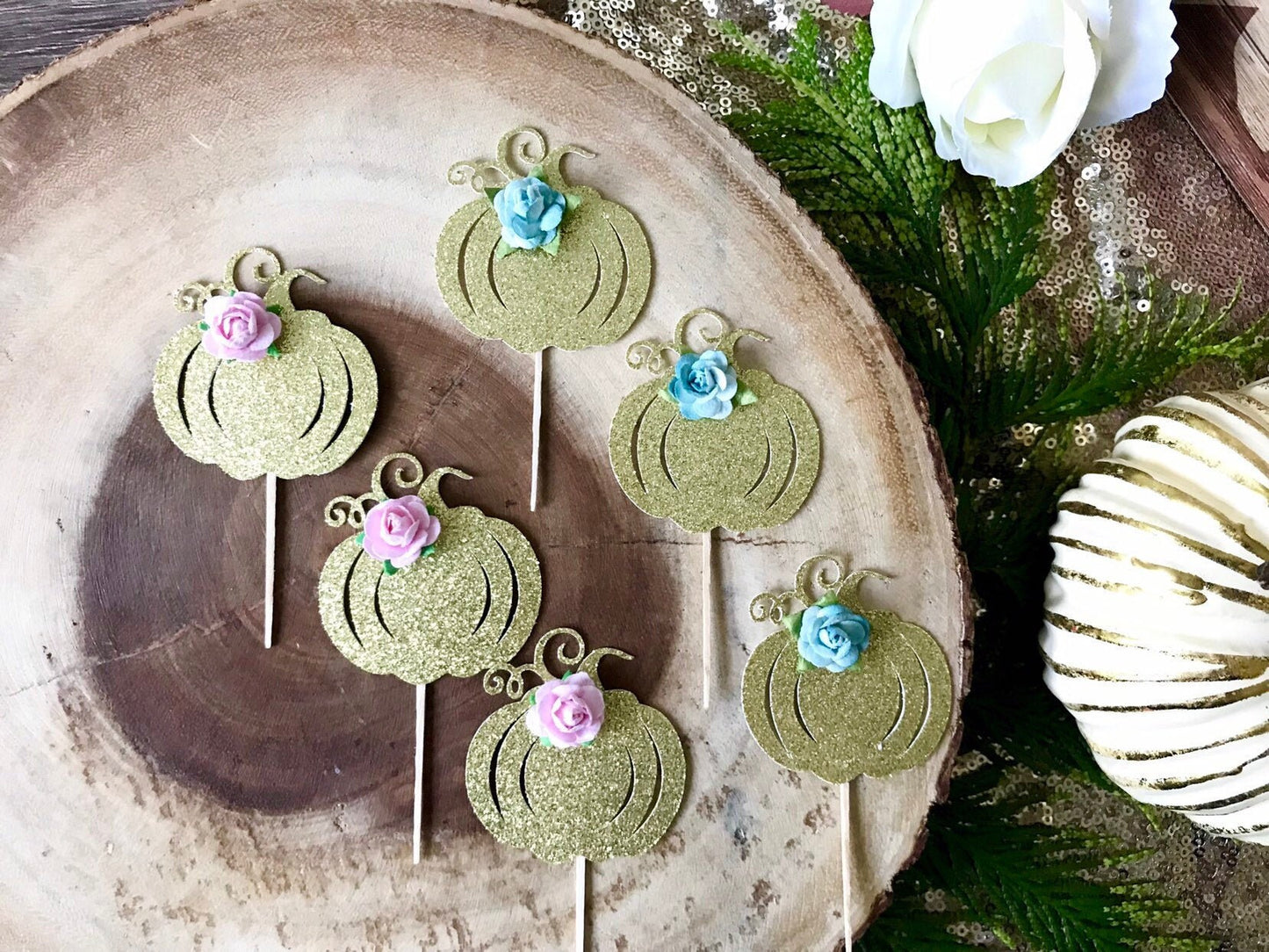 Pumpkin Cupcake Toppers (6)| Little Pumpkin is Brewing| Little Pumpkin on the Way| Fall Gender Reveal Decor| Pumpkin Gender Reveal Decor