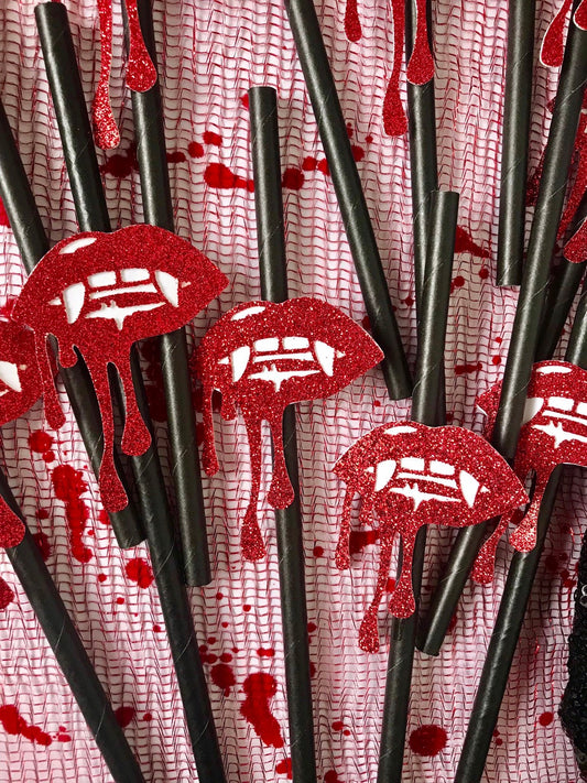 Vampire Straws (Qty. 12)| Vampire Lips| Vampire Party Decor| Vampire Birthday| Vampire Halloween Decor| Vampire Drinking Straws