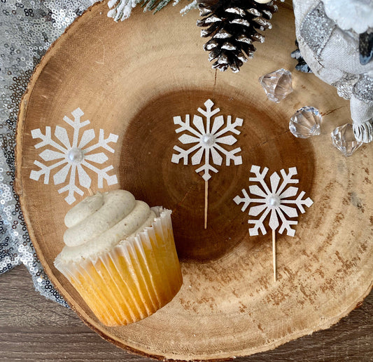 Snowflake Cupcake Toppers (Qty. 6)| Snowflake Party Decor| Pearl Cupcake Toppers| Snowflake Decorations| Winter Cupcake Toppers