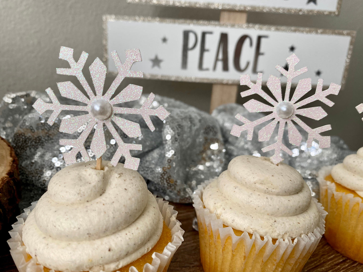 Snowflake Cupcake Toppers (Qty. 6)| Snowflake Party Decor| Pearl Cupcake Toppers| Snowflake Decorations| Winter Cupcake Toppers