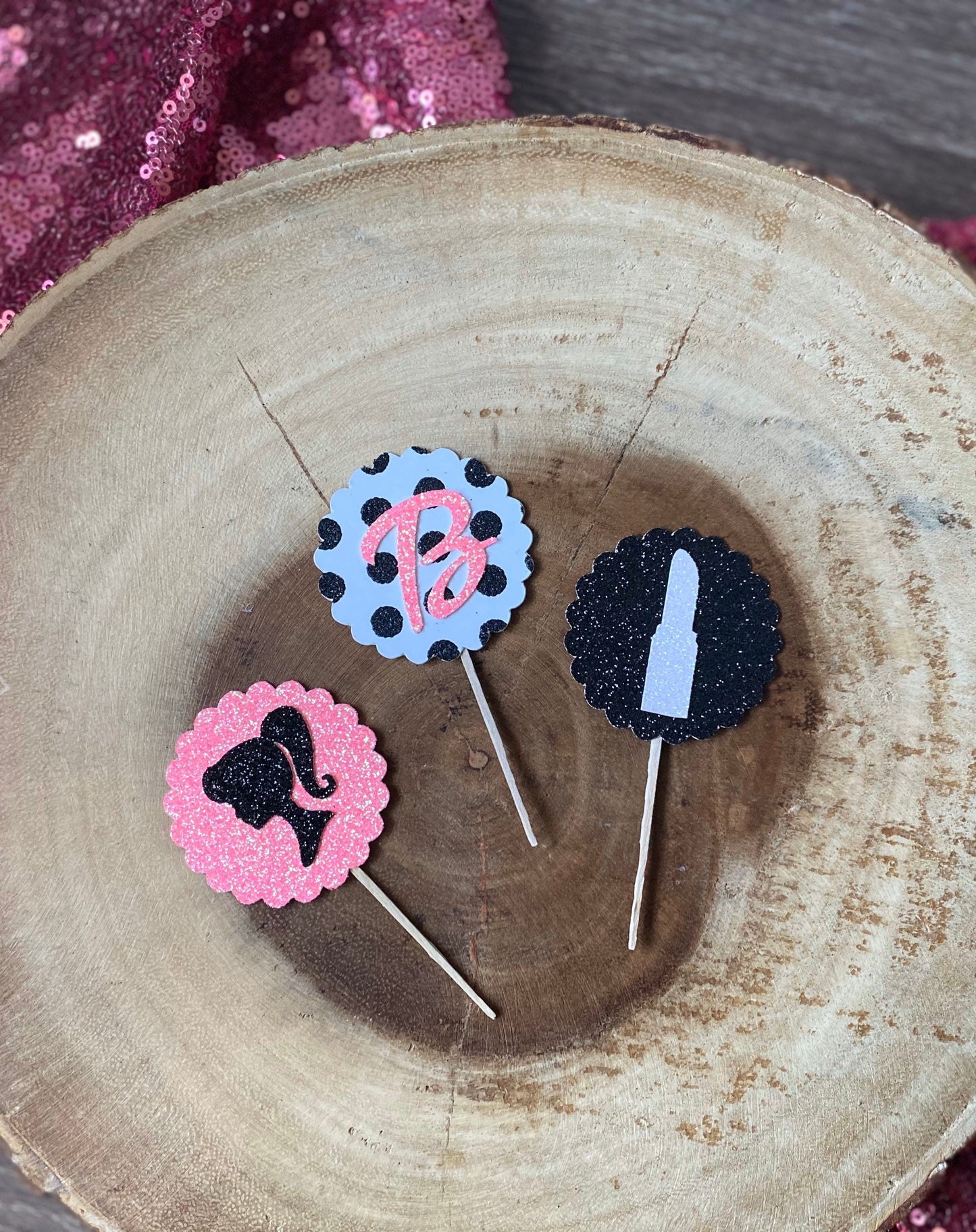 Silhouette Cupcake Toppers (Qty. 6)| Initial Cupcake Toppers| Polka Dot Toppers| Glitter Cupcake Toppers| Girl Birthday Toppers