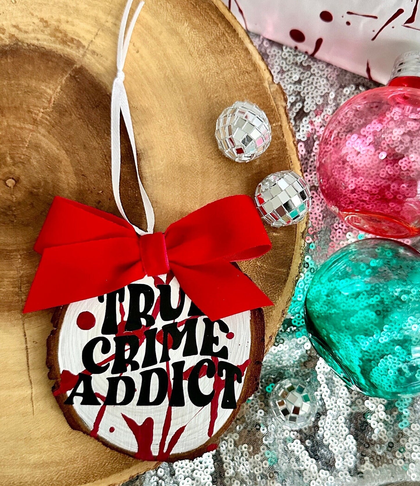 True Crime Ornament (Qty. 1)| Horror Christmas Ornaments| Blood Splatter Ornaments| Killer Gifts| True Crime Addict Gifts| True Crime Gifts