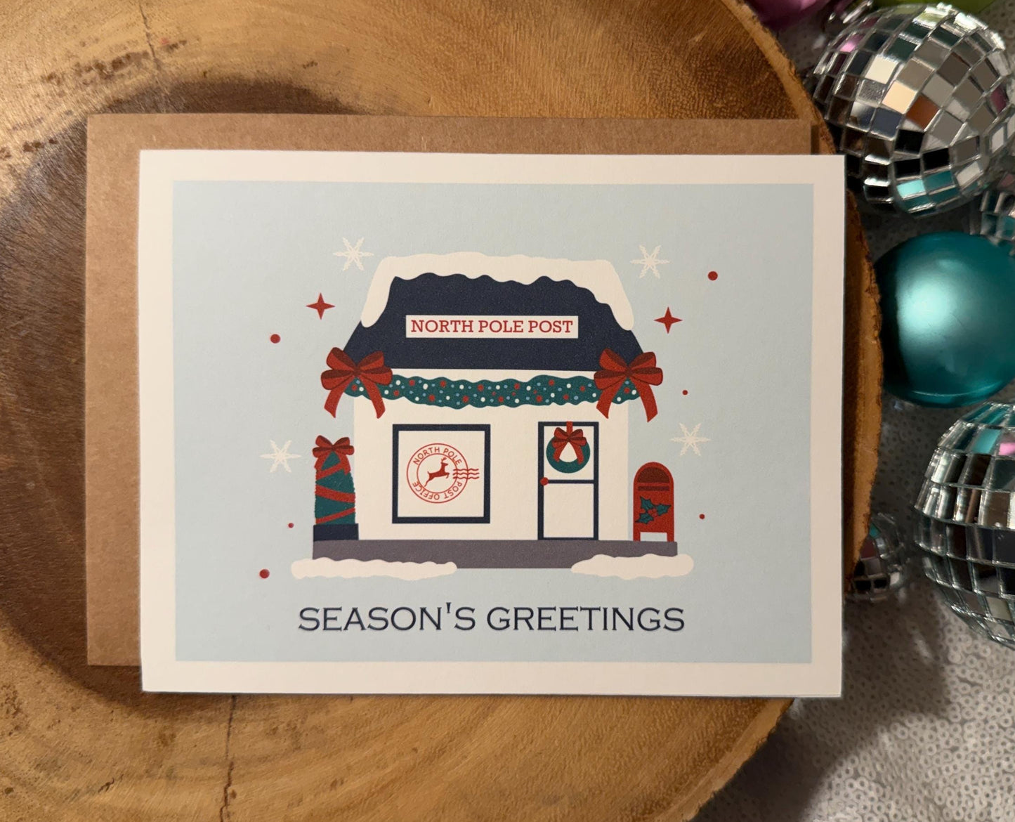 Seasons Greetings Christmas Card (Qty. 1)| North Pole Post Office Design| Blue Red & White Holiday Cards| Festive Winter Mail Stationery