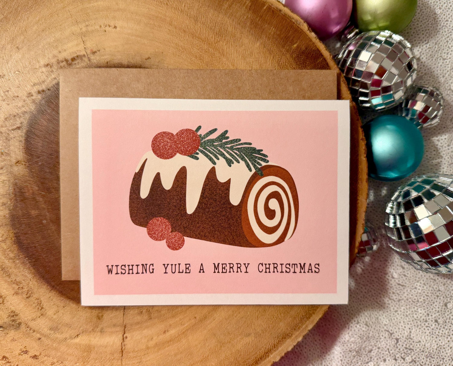 Yule Log Christmas Card (Qty. 1)| Wishing Yule a Merry Christmas Pun | Funny Holiday Greeting| Rustic Winter Yule Gift| Dessert Celebration