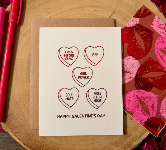 Galentines Day Card| Friendship Valentines| Anti-Valentine Quotes| Conversation Hearts| Fries Before Guys| Soul Mate| Hoes before Bros
